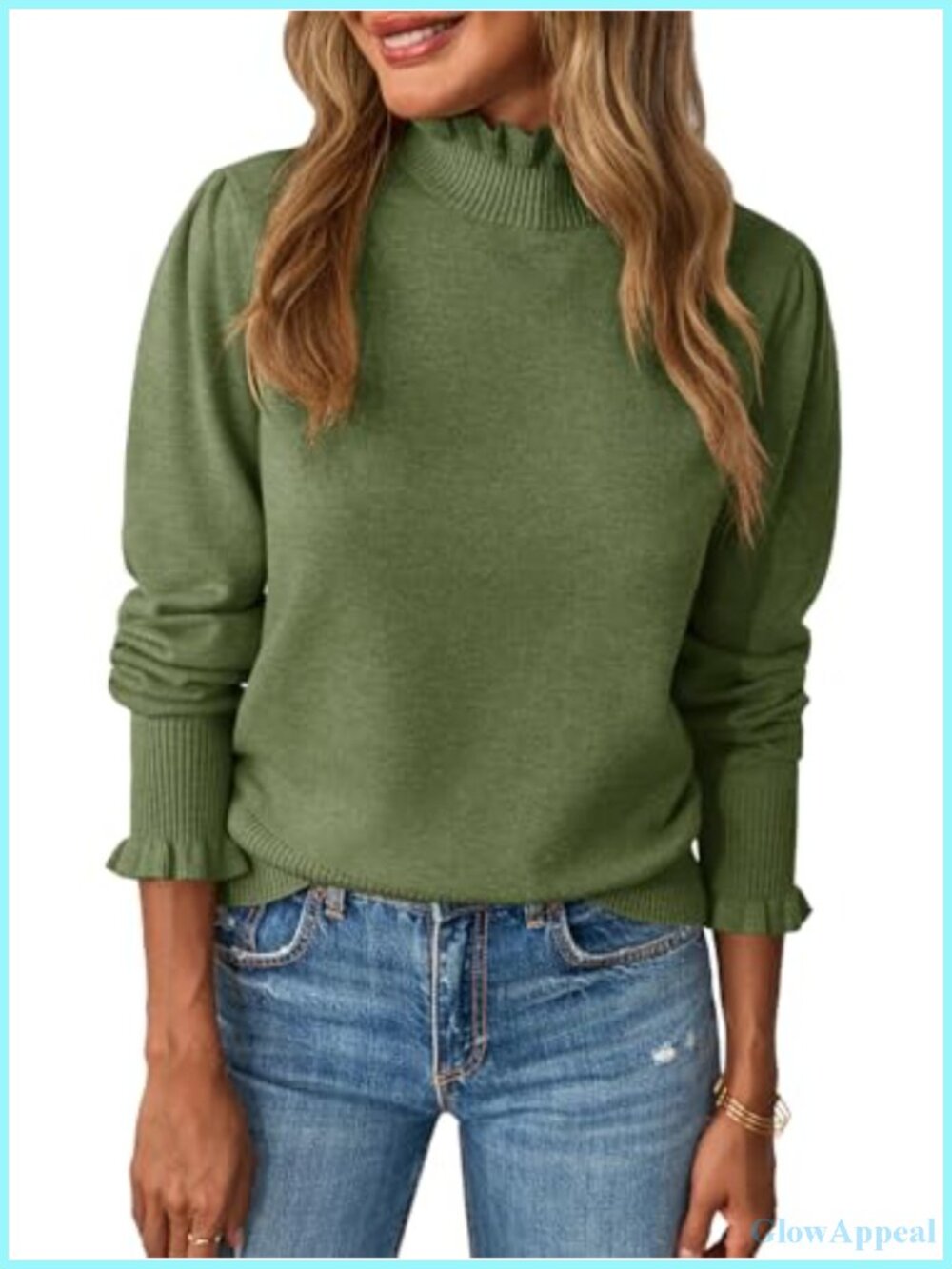Womens Ruffle Mock Neck Puff Sleeve Knit Pullover Sweater